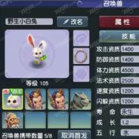 【游戏宠物】【网易-梦幻西游-电脑版】宠物名称:超级玉兔【详细信息:等级 105 数量1 攻击+1400 防御+1400 体力+4500 法术+2500 速度+1200 闪躲+1200】【自动发货 0秒入库】